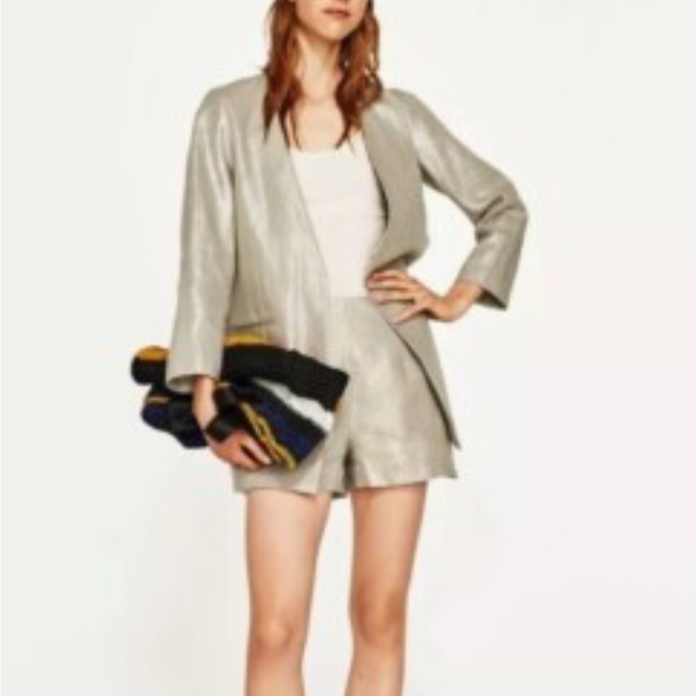 Metallic Silver Open-Front Blazer Jacket